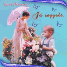 a painting of a woman holding an umbrella and a child holding flowers with the words " good morning " on the bottom