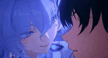 a boy and a girl are looking at each other in a blue light
