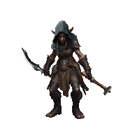 a hooded elf holding a sword and a wooden stick