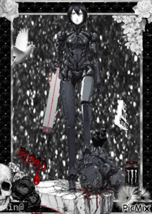 a black and white photo of a robot holding a sword with the word blood on the bottom