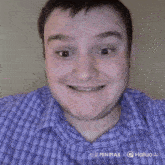 a man in a plaid shirt is smiling in front of a yellow background that says hailuo al
