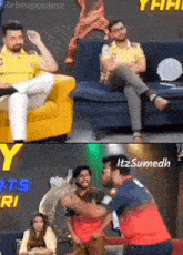 a man in a yellow shirt is sitting on a couch next to another man
