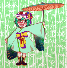 a girl in a green kimono is holding an umbrella in front of a bamboo background