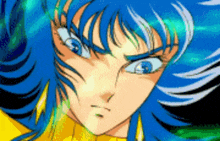 a pixelated drawing of a girl with blue hair