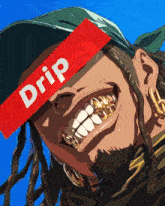 a drawing of a man with dreadlocks and gold teeth with the word drip above his head