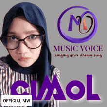 a woman wearing glasses and a hijab is featured on a music voice poster