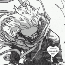 a black and white drawing of a man with a heart that says hitoshi shinso de mei