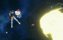 a hello kitty and a robot are flying in space