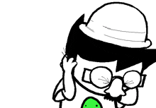 a black and white drawing of a green monster with headphones