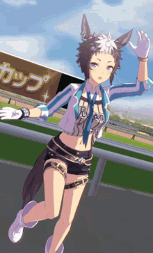 a girl with a ponytail is running in front of a sign that says r on it