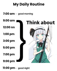 a picture of a girl holding a sword with the words " my daily routine " below it