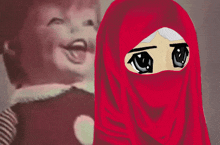 a picture of a girl in a red hijab with the words $ k-n-f-ol-s on the bottom