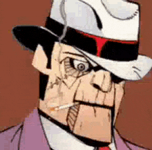 a cartoon man wearing a hat and smoking a cigarette .