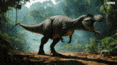 a t-rex with its mouth open is walking through a lush green forest