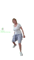 a woman in a white shirt and blue skirt has tik tok written on her shirt