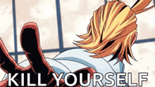 a cartoon character is saying `` kill yourself '' with his arms outstretched .