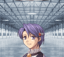 a girl with purple hair is in an empty building