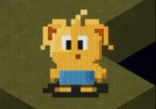 a pixel art of a cartoon character with a blue skirt