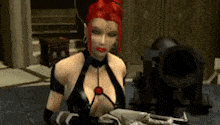 a woman with red hair is holding a gun in front of a cannon in a video game .