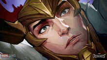 a painting of a man wearing a helmet with a marvel games logo in the background
