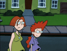 a couple of cartoon characters standing in front of a house
