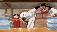 monkey d luffy and blackbeard from one piece are standing next to each other in a restaurant .