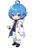 a little girl with blue hair is wearing a white jacket with a patch that says god