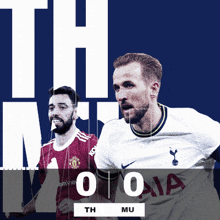 two soccer players on a blue background with the numbers 0 and 0