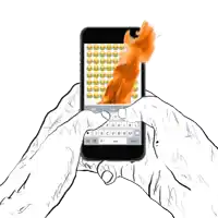 a drawing of a person typing on a cell phone with emojis on the screen