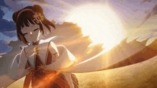 a girl in a red dress stands in front of a sun