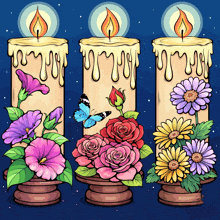 three candles surrounded by flowers and butterflies on a blue background