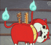 a red cartoon character is holding a bunch of candy in its butt .