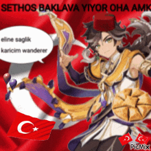 a picture of a person with a speech bubble that says " sethos baklava yiyor oha amk "