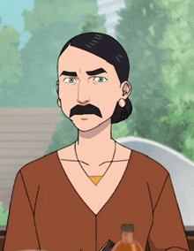 a cartoon of a woman with a mustache and a necklace