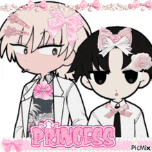 a picture of a boy and a girl with pink bows on their hair and the word princess on the bottom