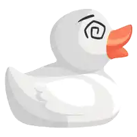 a white rubber duck with an orange beak has a swirl around its eye
