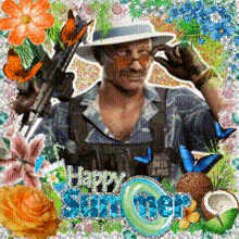 a man in a hat is surrounded by flowers and butterflies with the words happy summer written in blue