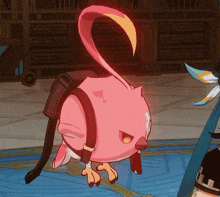 a pink bird with a backpack on its back is standing on a blue rug