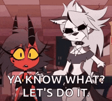 two cartoon characters are standing next to each other in a room .