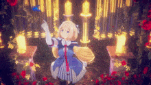 a girl in a blue and white dress is surrounded by candles and red roses