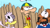 three cartoon characters are standing next to each other in front of a wooden fence ..