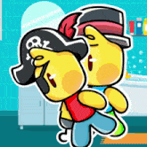 a cartoon character with a pirate hat on holds another character