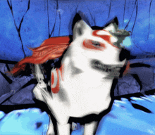 a painting of a dog with a red scarf around its neck