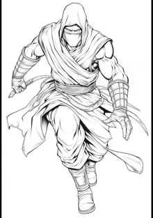 a black and white drawing of a ninja with a hood on