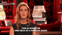 a woman says " this is gonna be one heck of a fashion show " in front of a red curtain