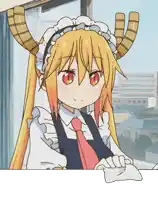 a maid with horns is holding a piece of paper in front of a window