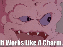 a cartoon character with purple eyes and the words it works like a charm