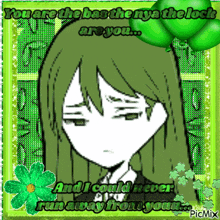 a picture of a girl with green hair and the words " you are the bas the nya the lock are you " on it