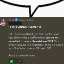 a screenshot of a staff announcement from 4prl
