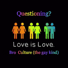a colorful poster that says questioning love is love bro culture ( the gay kind )